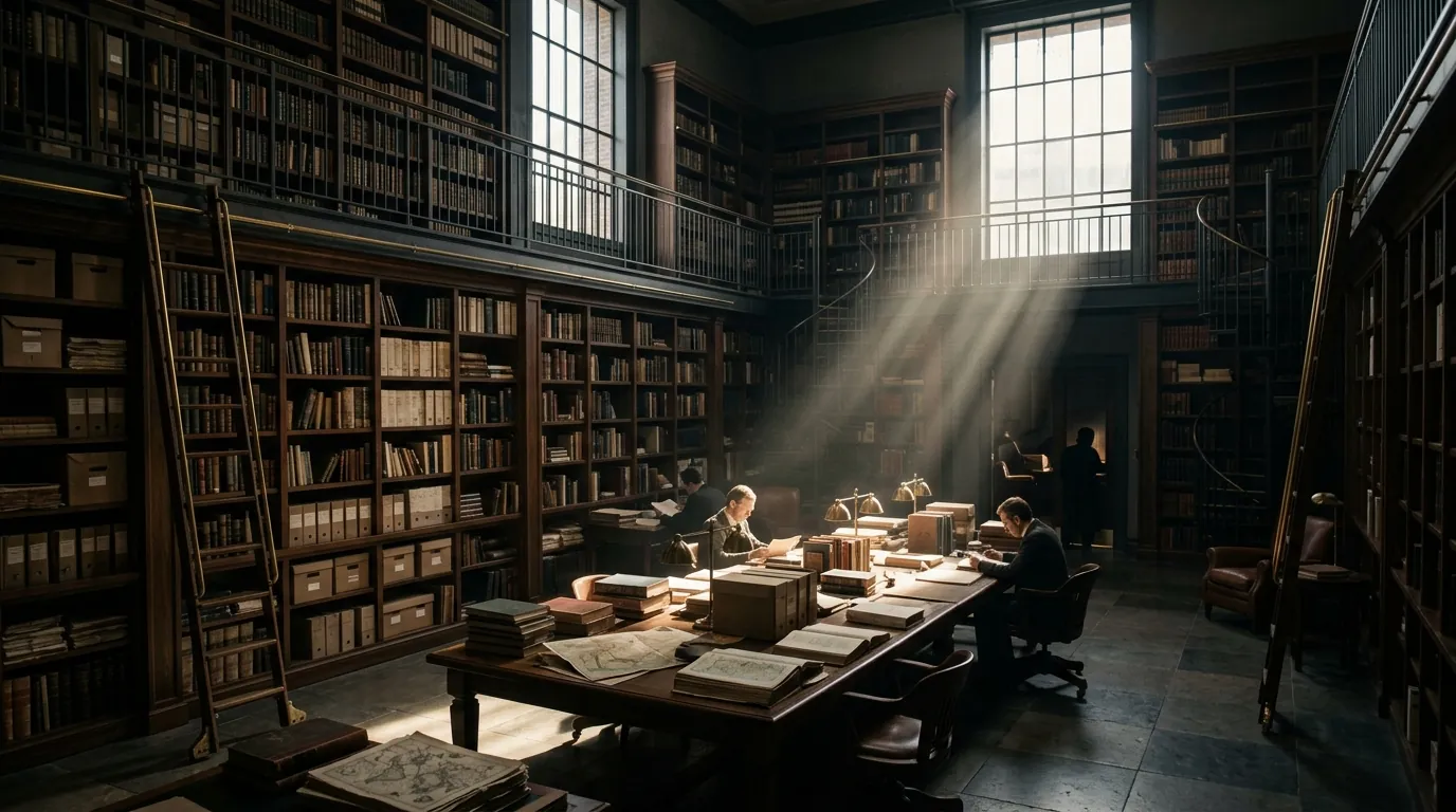 Sunlit library with researchers working among books and reference material.