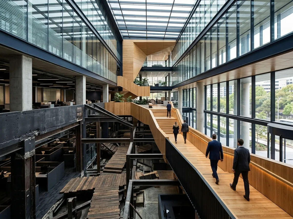 A workplace connected by stairs and walkways, illustrating connected business processes.