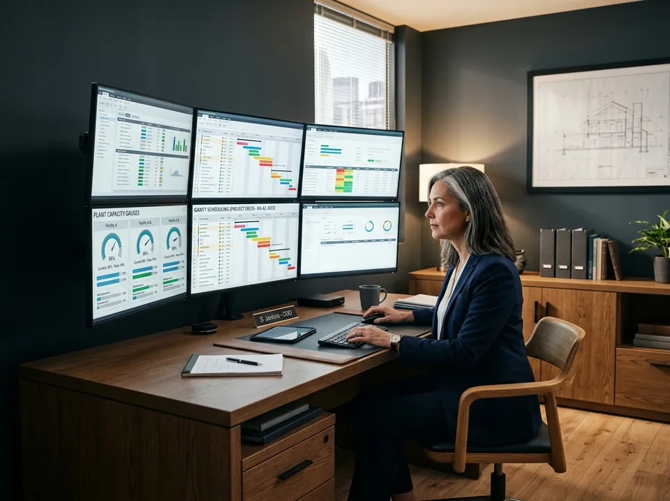 An executive reviewing six information screens, illustrating business visibility.