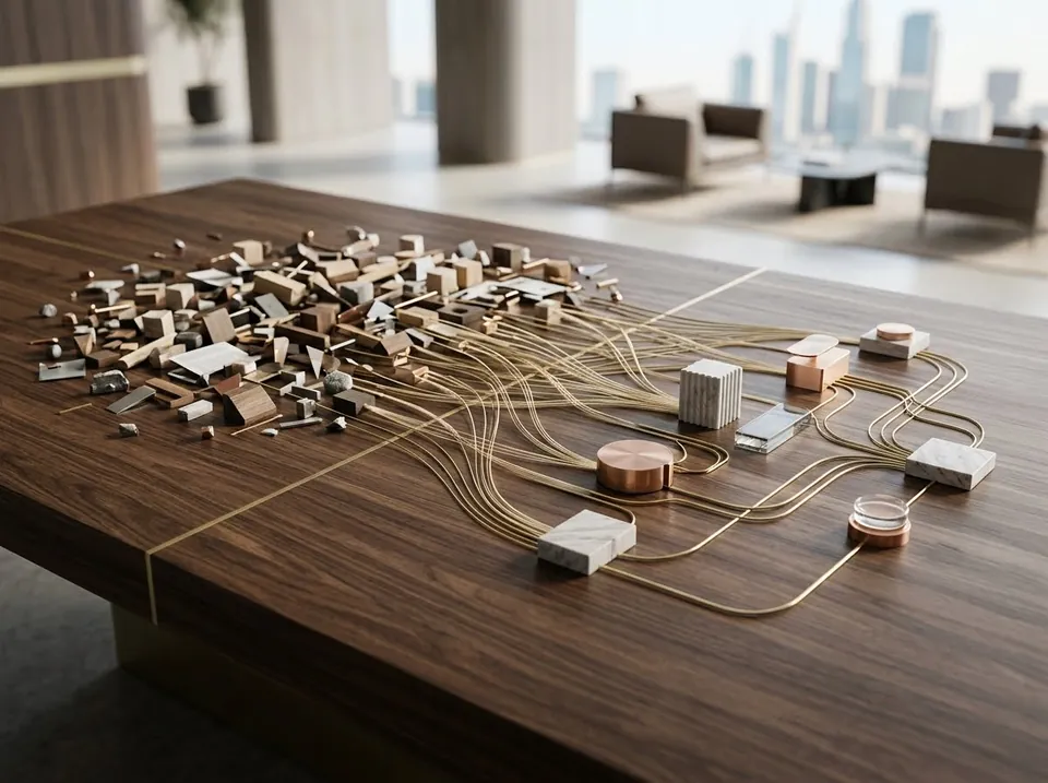 Scattered pieces connecting through golden pathways, illustrating coordinated workflows.