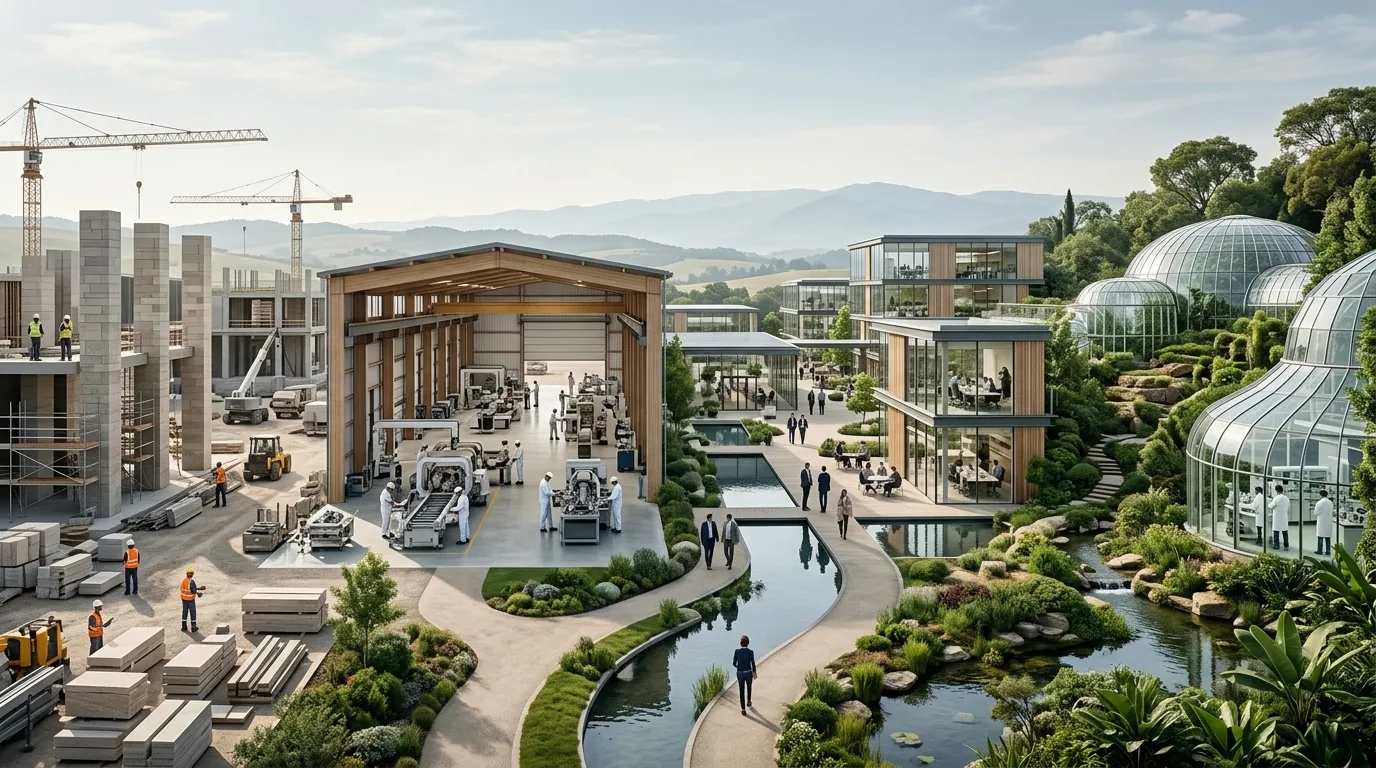 Illustrative connected industry precinct with construction, manufacturing, offices and glasshouses.