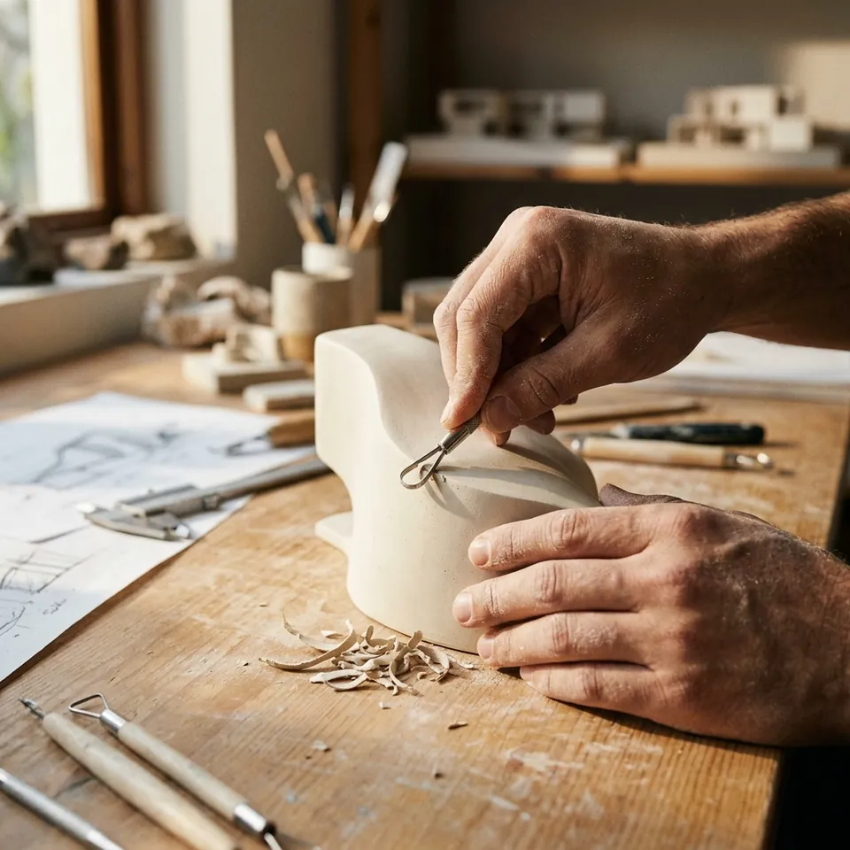 Hands shaping a wooden form with a carving tool.