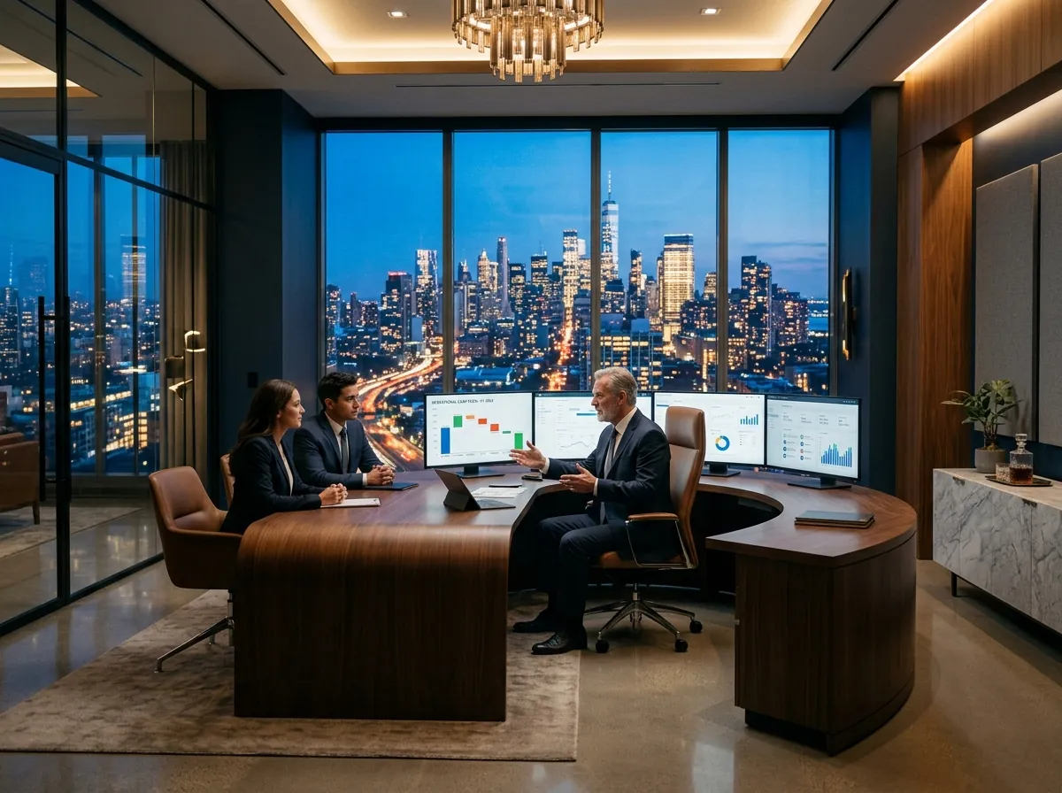 An executive team discussing information in a meeting room with a city view.