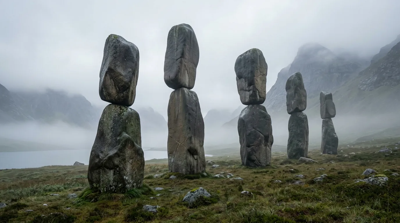 Five balanced stone formations beside a misty mountain lake.