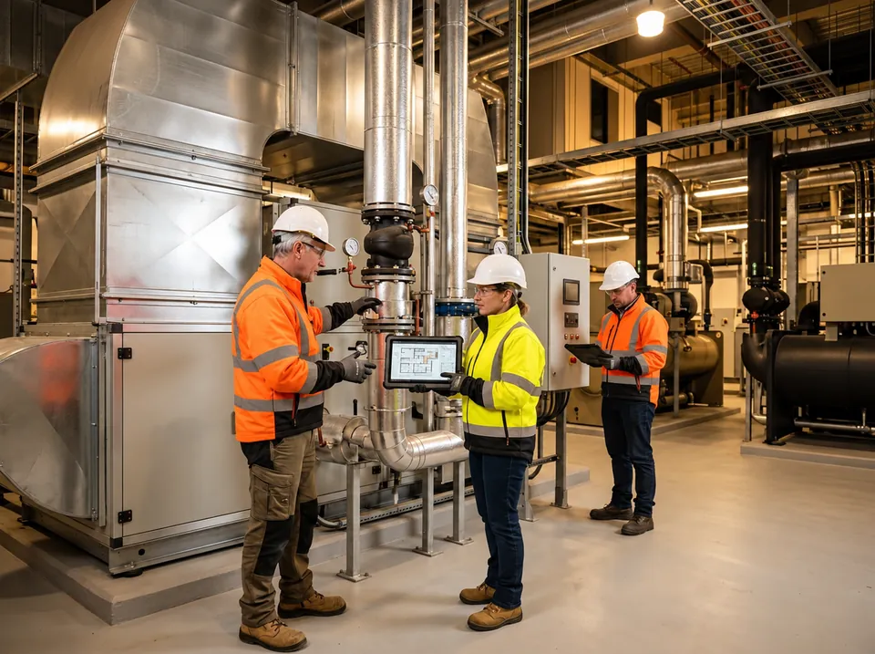 Field-service technicians reviewing building systems and equipment.
