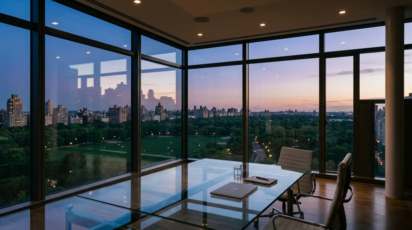 Meeting room overlooking a green city landscape at dusk.
