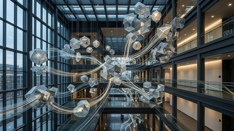Interconnected structures illustrating agents coordinating information and tasks.