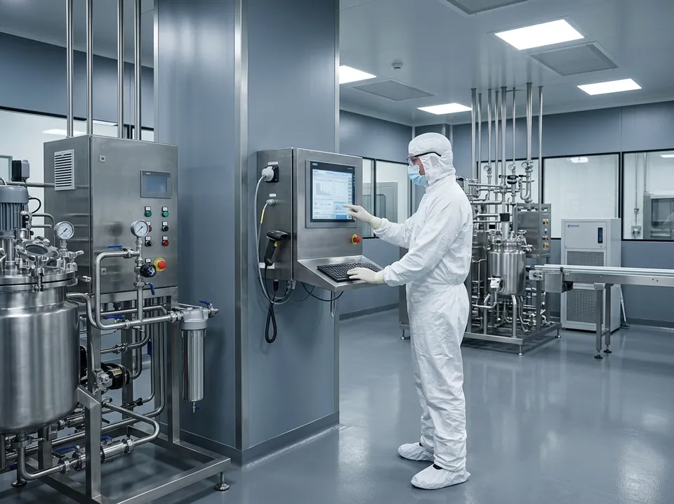 A technician operating controlled cleanroom equipment.