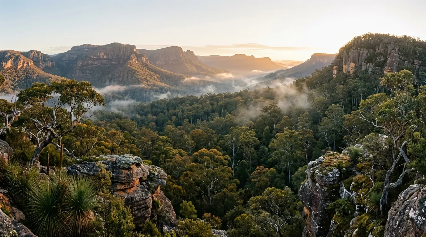 Sunrise over a forested sandstone valley, with mist between the escarpments.