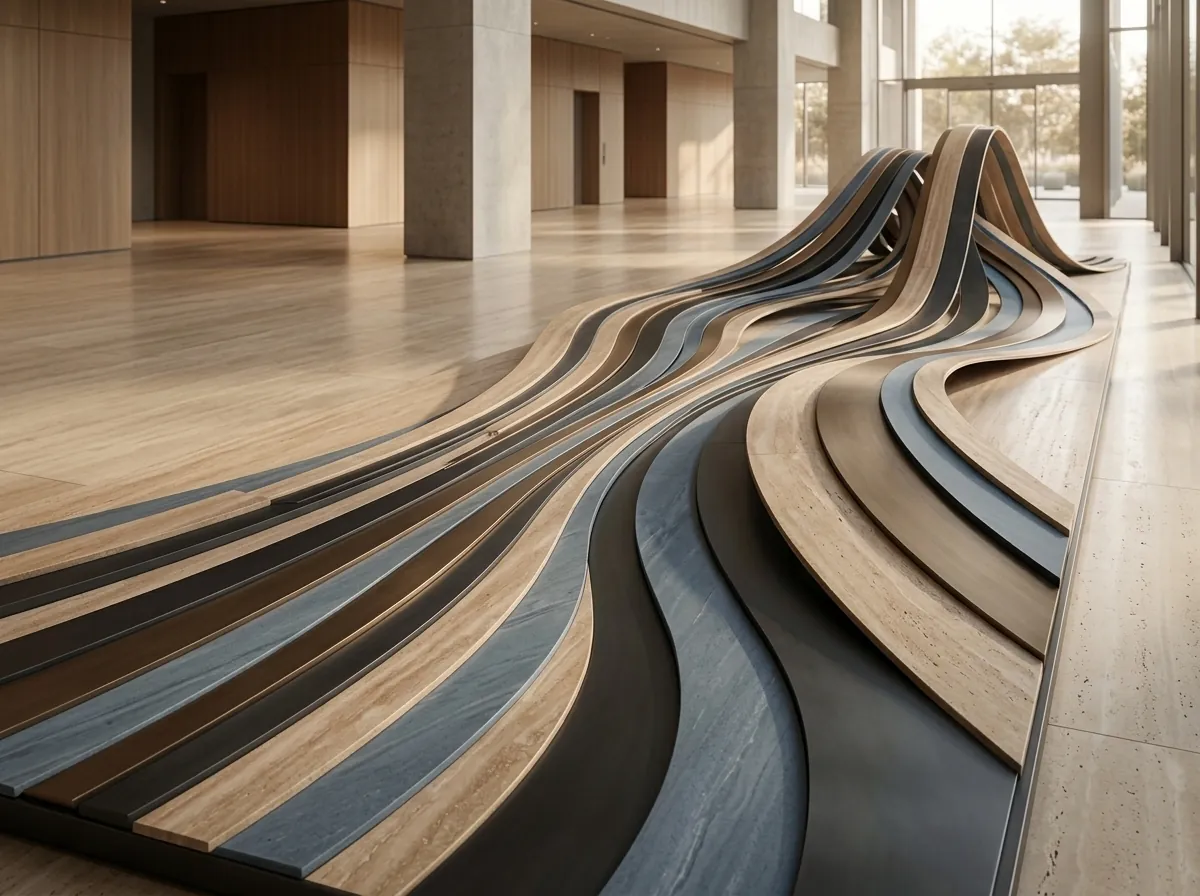Flowing timber and steel ribbons illustrating connected, continuous work.