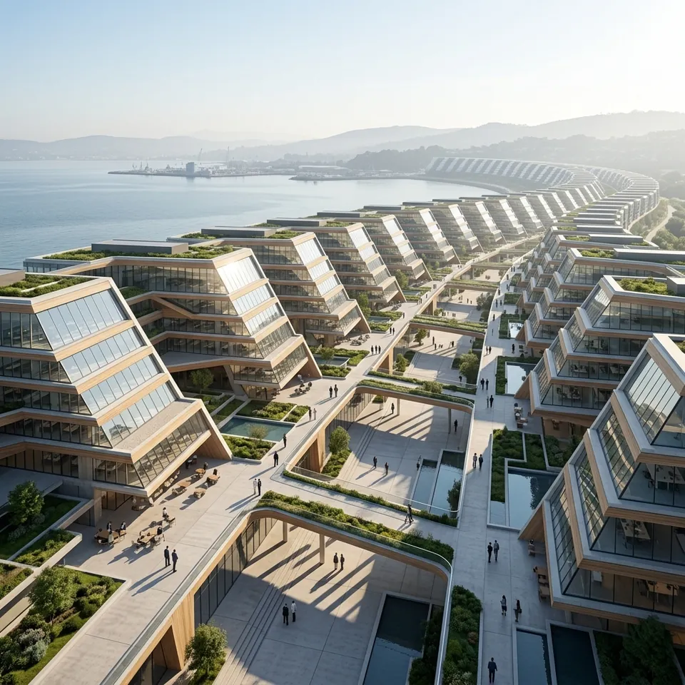 Repeated contemporary buildings extending along a waterfront.