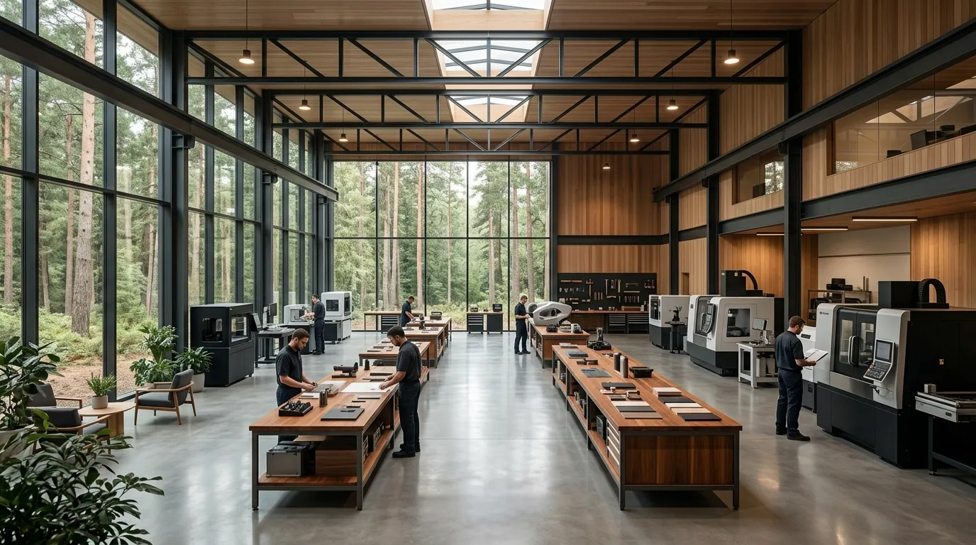 Modern light-filled manufacturing workshop with people and precision equipment.