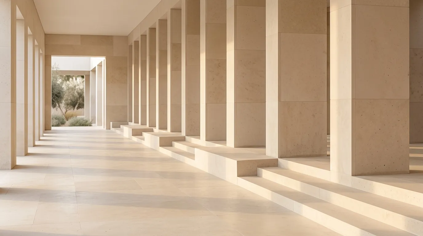 Sunlit sandstone colonnade with repeating columns and a quiet planted courtyard beyond.