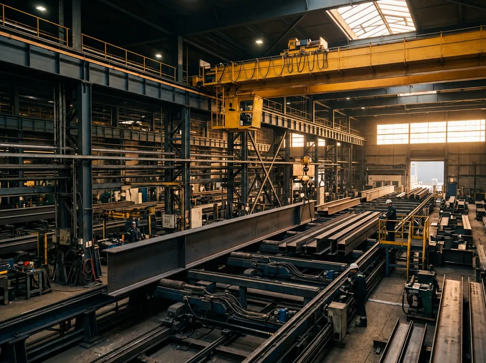 Manufacturing team working beside industrial steel-processing equipment.