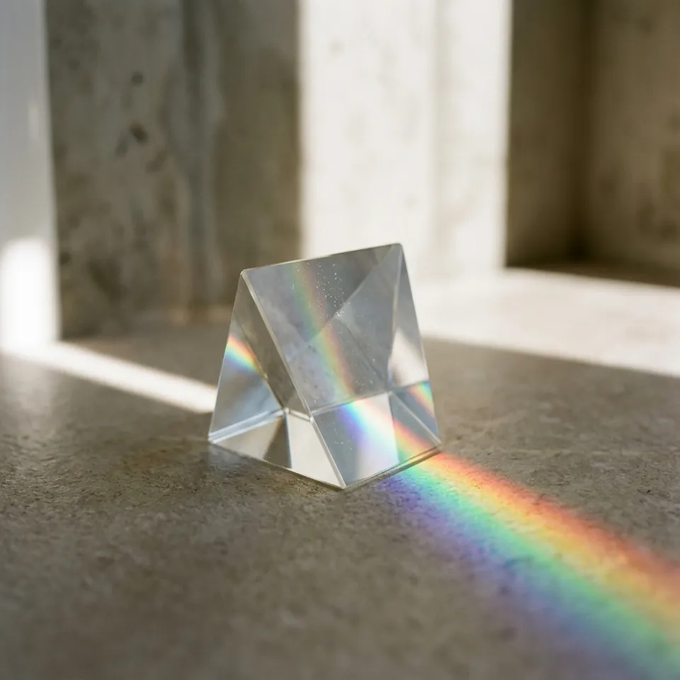 A glass prism revealing a spectrum of colours in natural light.