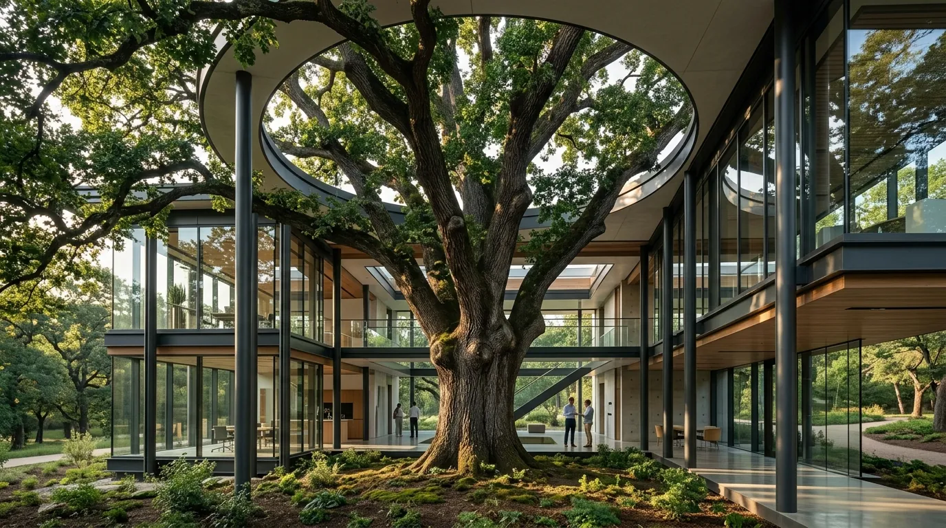 Contemporary glass atrium surrounding a mature tree, with greenery and walkways connecting the interior spaces.