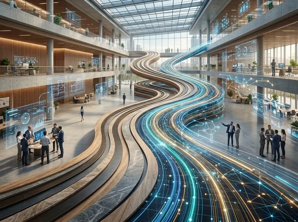 Connected pathways through a workplace illustrating process and systems transformation.