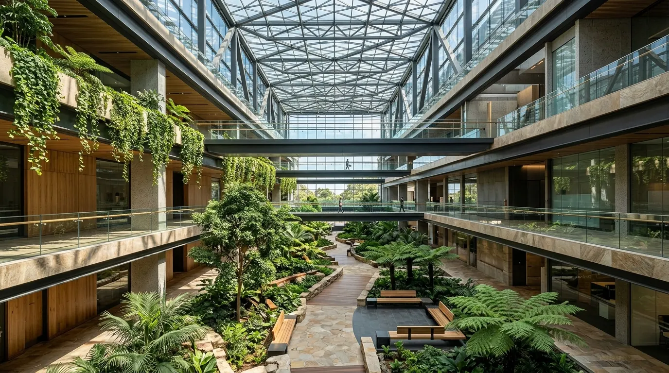 Contemporary glass-roofed atrium with greenery and connected walkways.